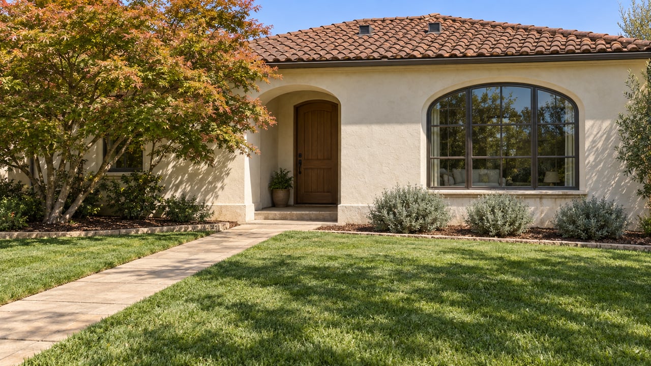 Sunlit single-story stucco home with a red clay tile roof, arched entry and window, deep green lawn, and a straight paver walk.