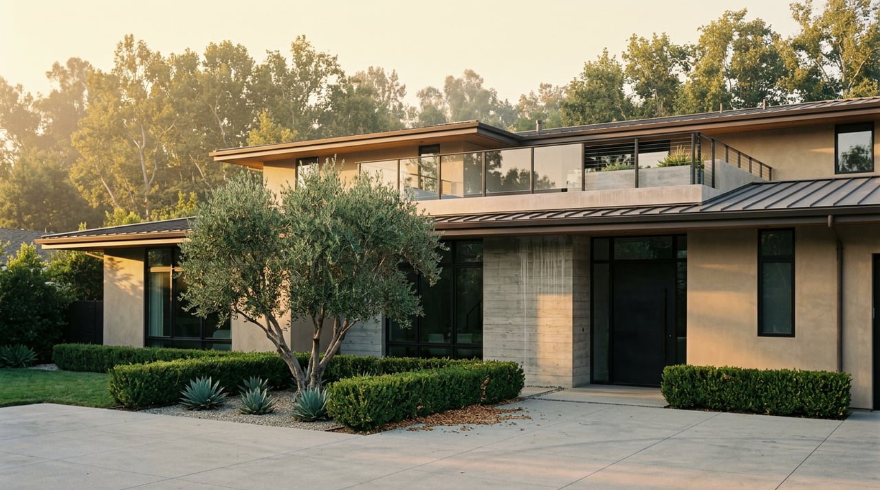 Contemporary dune-stucco home with rooftop deck, concrete motorcourt, and olive tree in warm afternoon light.