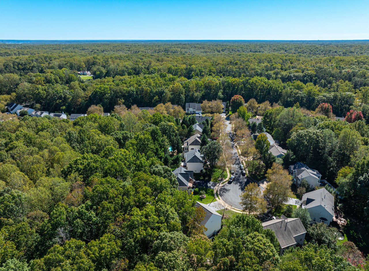 Aerial view of homes along a wooded neighborhood cul-de-sac, surrounded by dense forest.