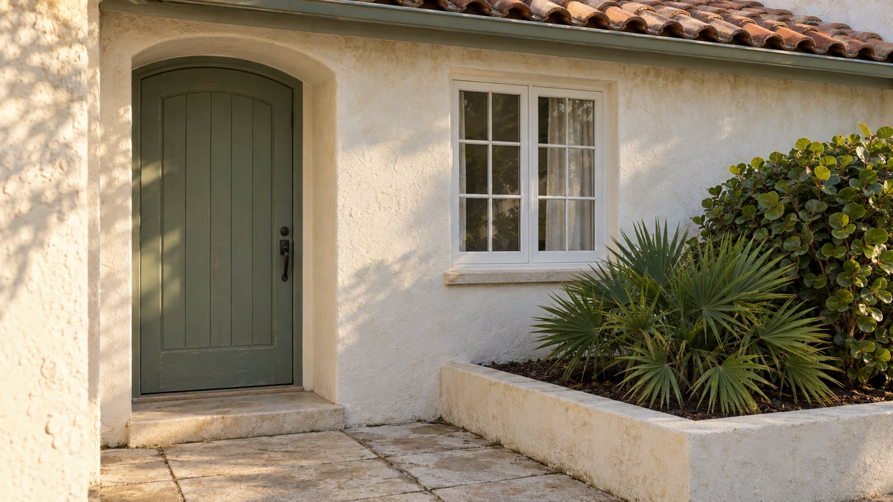 Coastal stucco house with a sage entry door, white-framed window, clay-tile roof, and short paved approach.