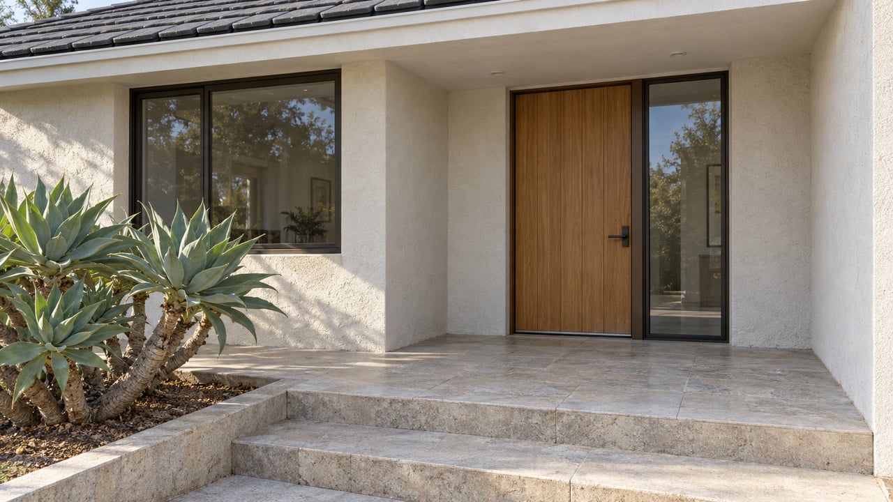 Sunlit ivory stucco home entry with an oak door, dark-framed glazing, limestone steps and a sculptural Aloe attenuata.