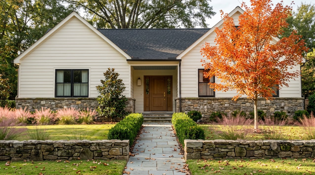 Two-story cream-sided home with a fieldstone base, centered porch, orange-red maple, and bluestone path across the lawn.
