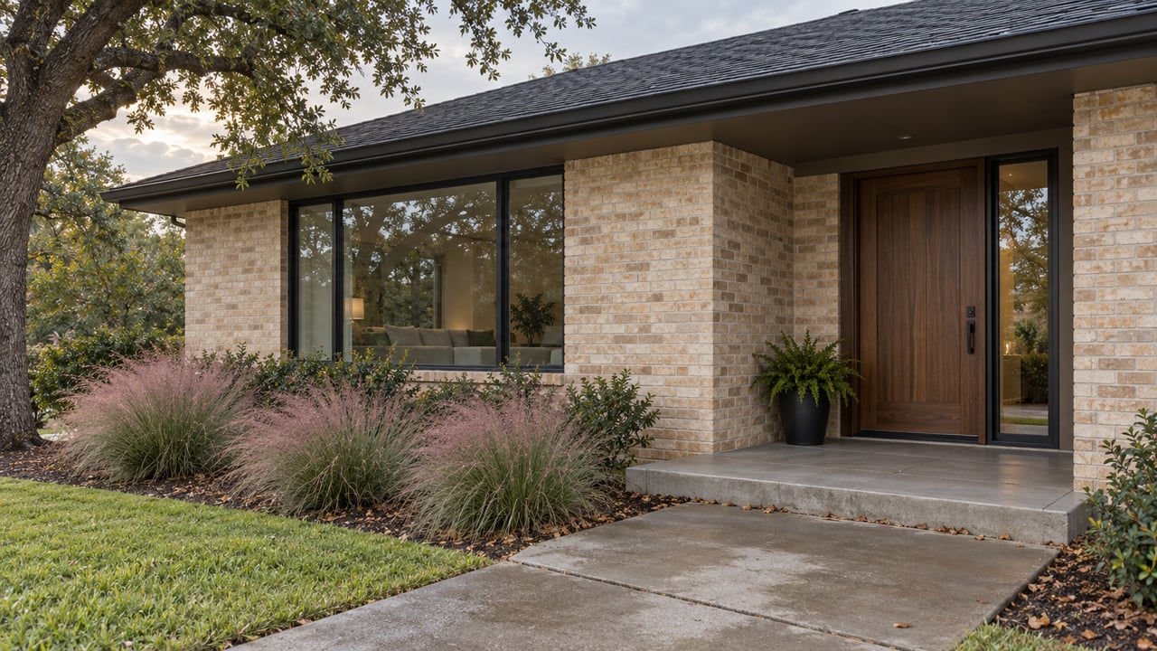 Updated brick house with a recessed wood door, pink muhly grass, and a mature oak beside the concrete walk.