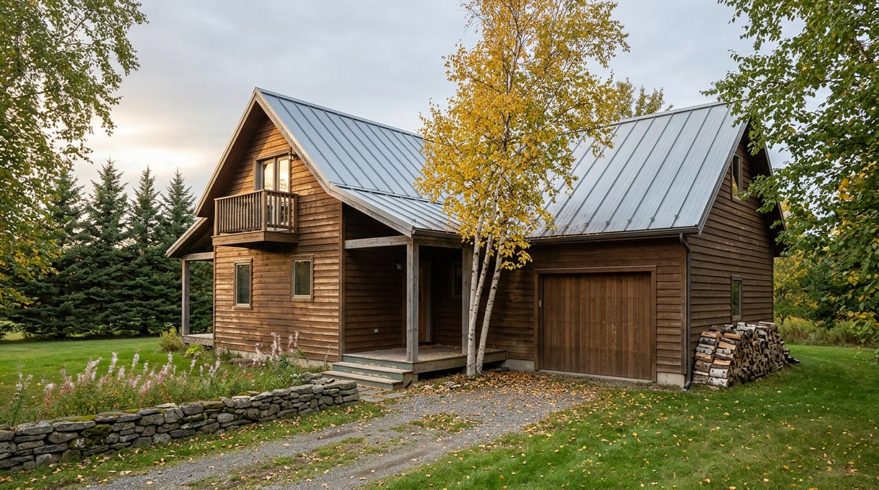 Two-story cedar cabin with a gambrel roof, loft balcony, attached garage, yellow birch leaves, and a stone wall.