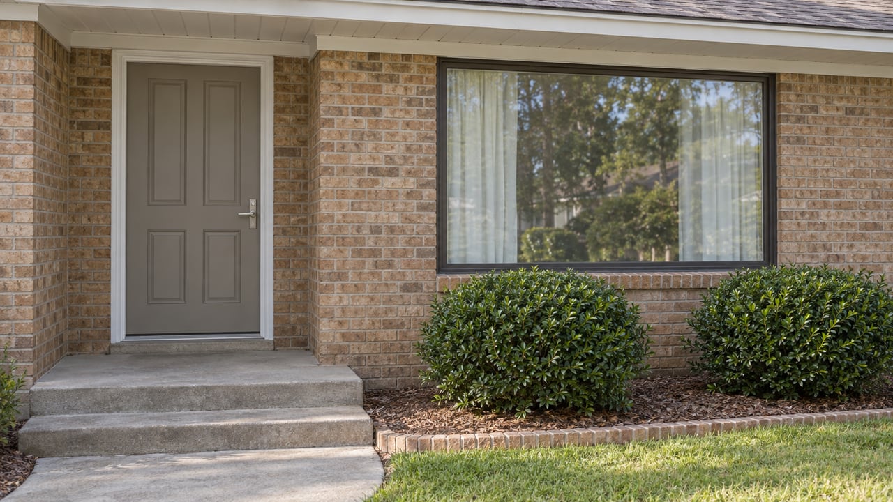 Warm tan brick home with a greige front door, broad dark-framed window, concrete steps and two rounded yaupon shrubs.