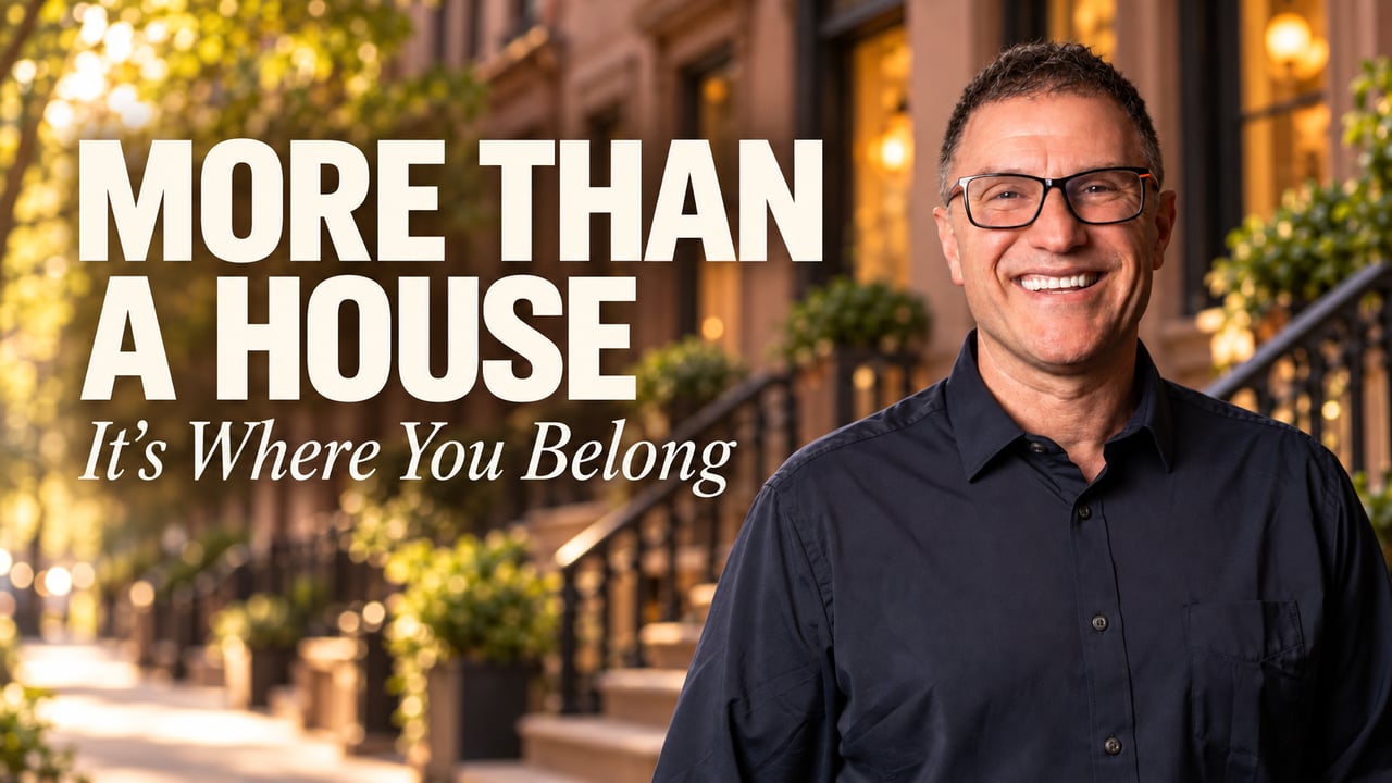 Peter Mancini smiles in glasses and a navy shirt on a warmly lit urban sidewalk.