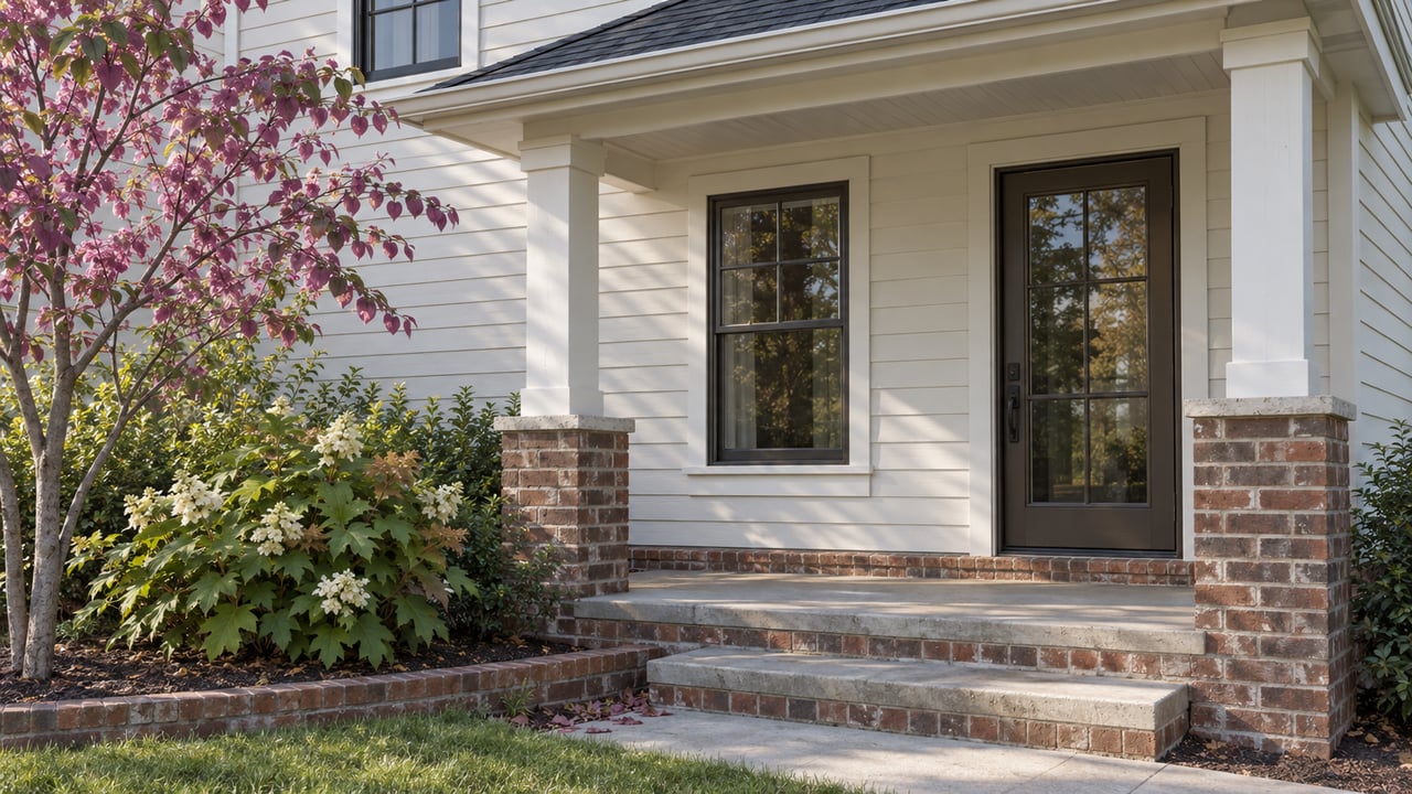 Detached suburban home with a dark front door, brick steps, and a young redbud tree.