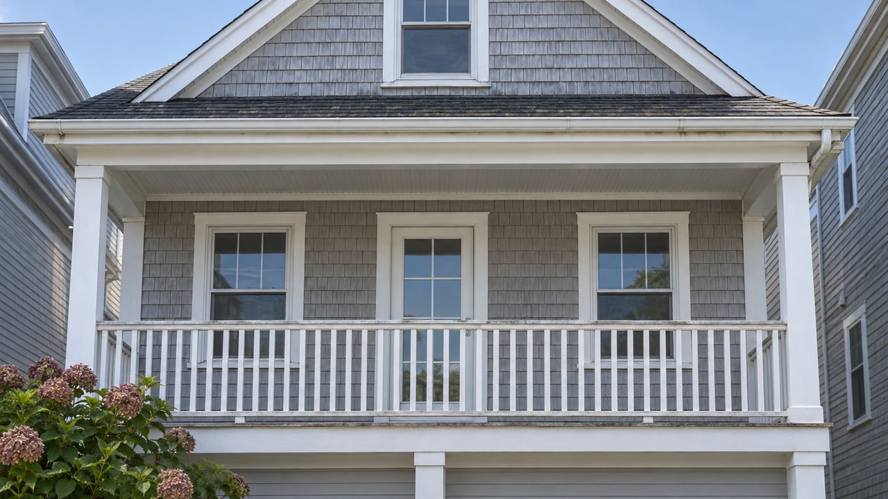 Pale-gray shingled beach house with white-trimmed windows and a covered upper deck in bright daylight.