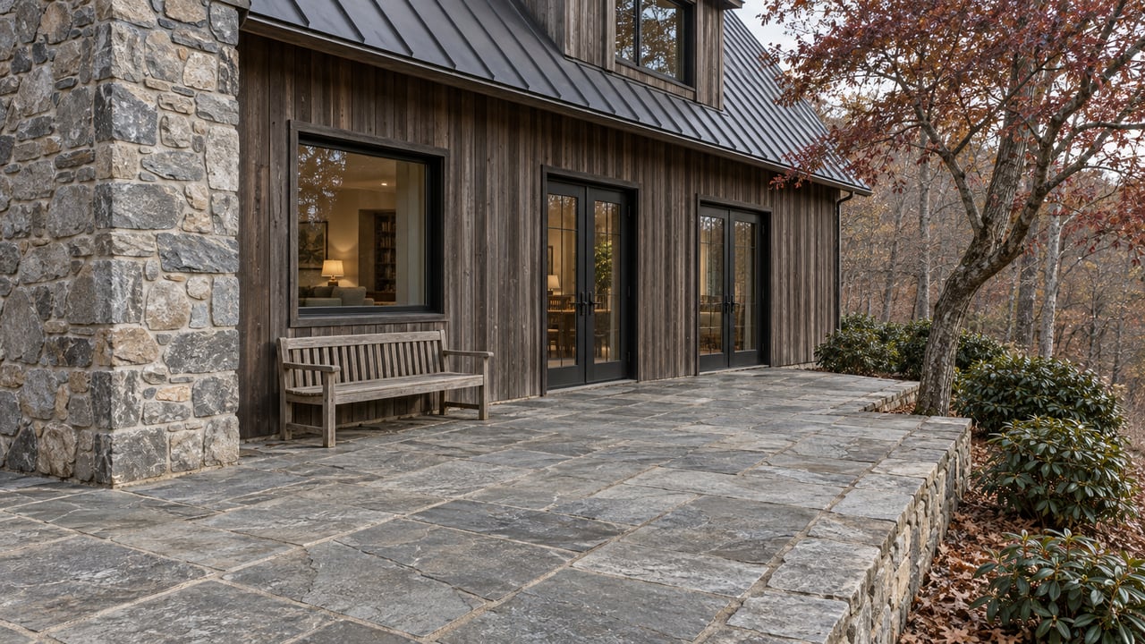 Late-autumn light falls across a flagstone terrace beside a cedar-and-fieldstone home, with a teak bench and burgundy sourwood leaves.