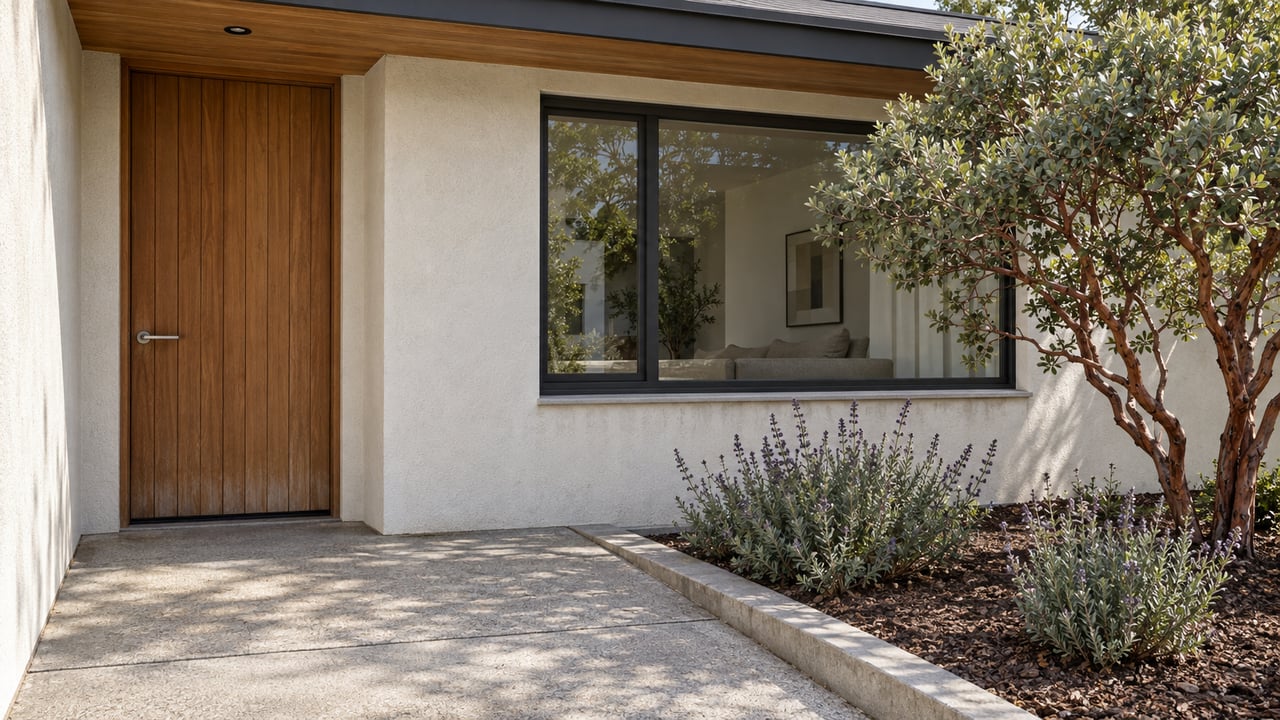 Sunlit cedar front door and broad window beside a concrete entry terrace with sculptural manzanita and sage.