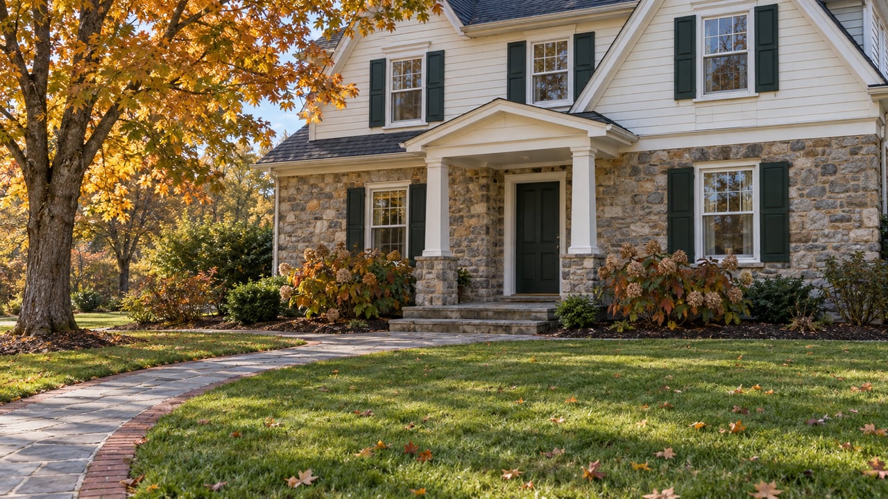 Autumn lawn and a stone-edged walk leading to a two-story stone-and-clapboard house with a covered entry.