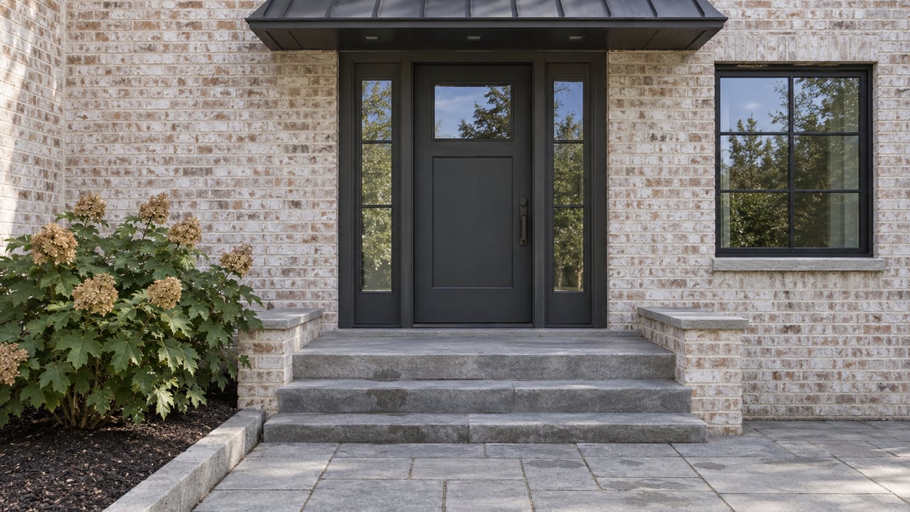 Pale limewashed brick townhome entrance with a charcoal door, paired sidelights, stone steps and an oakleaf hydrangea.