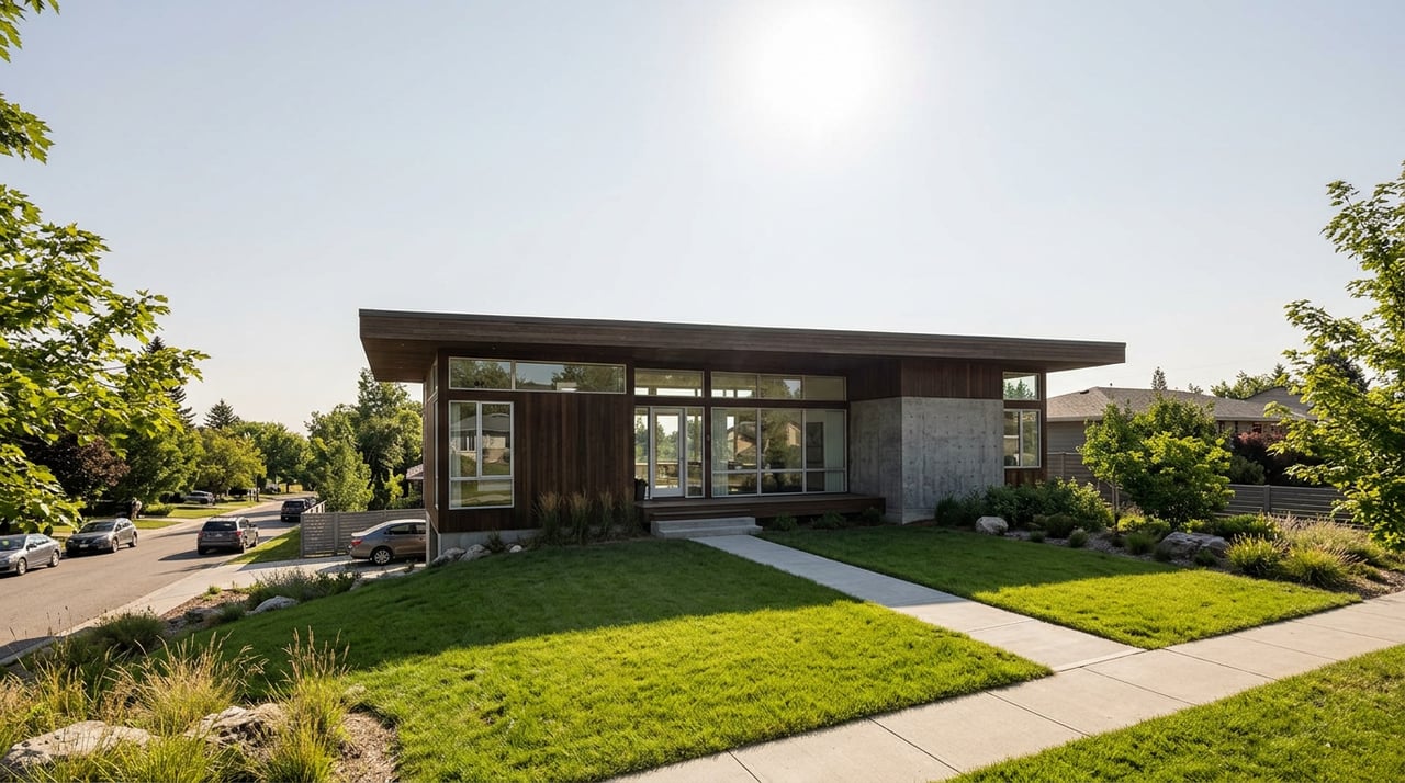 Contemporary stucco-and-cedar house with a projecting wood-clad volume, deep lawn, and columnar cypress trees.