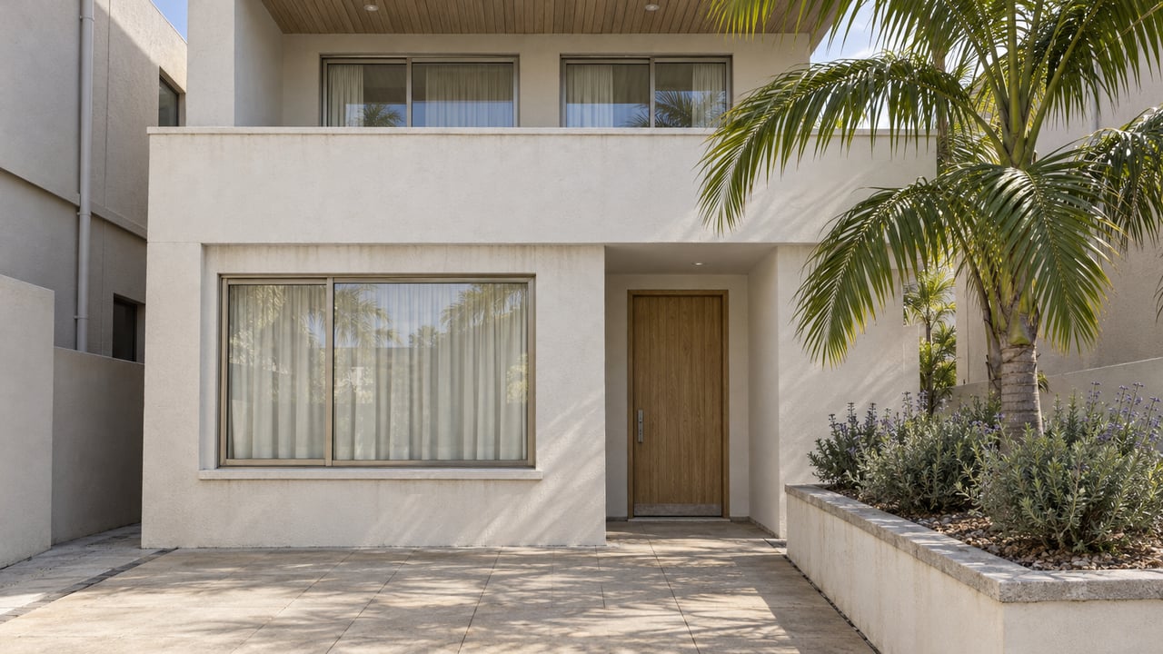 White stucco home with an oak entry, glazed upper terrace and a mature palm beside a pale paved approach.