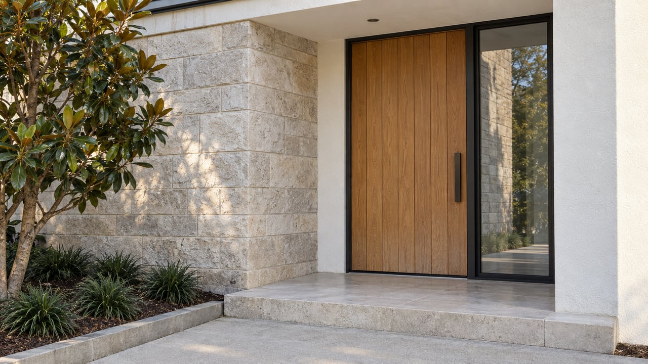 Covered home entry with an oak door, black-framed sidelight, pale limestone landing and a magnolia beside a curbed planting bed.