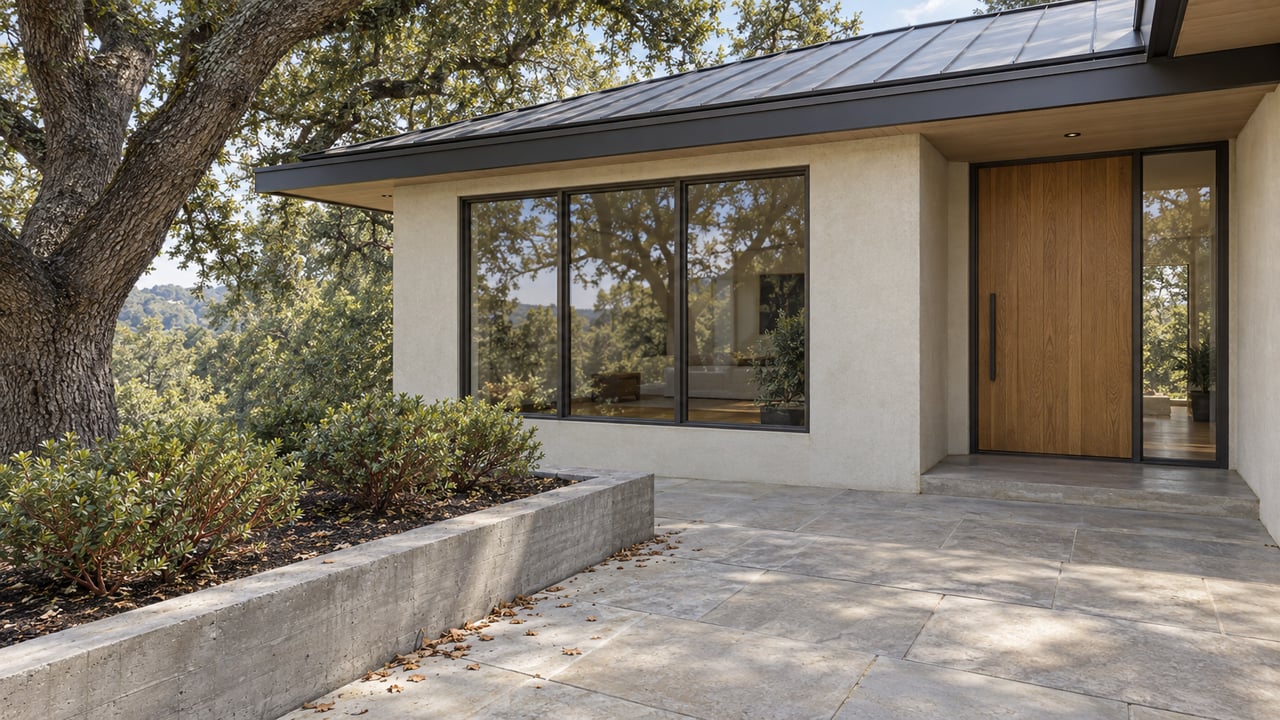 Refined hillside home with ivory stucco, an oak entry door, broad bronze-framed windows, limestone entry court, and mature oak tree.