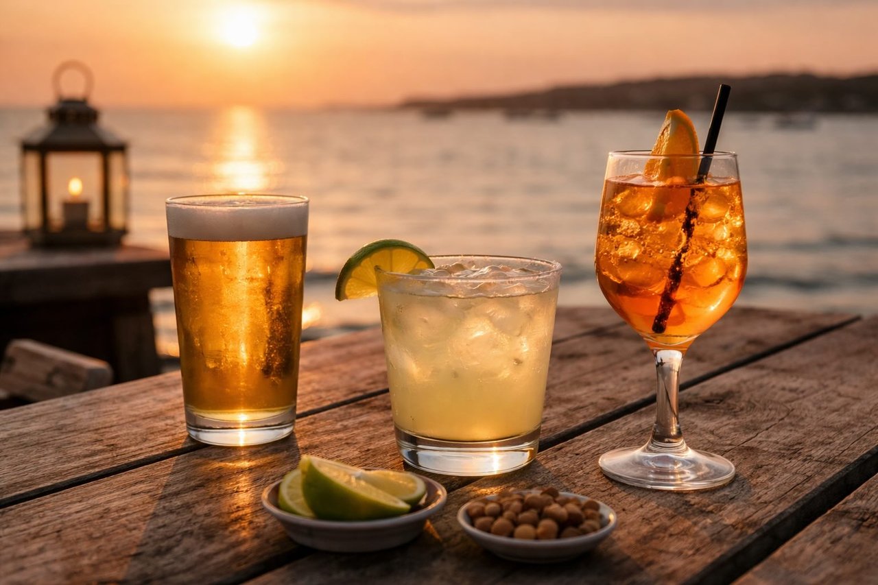 People enjoying drinks while watching a coastal sunset