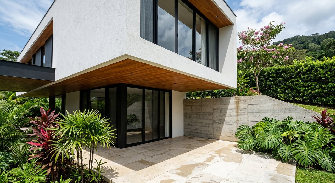 Modern terrace corner with black-framed glass, teak soffit, damp limestone paving, and tropical plants.