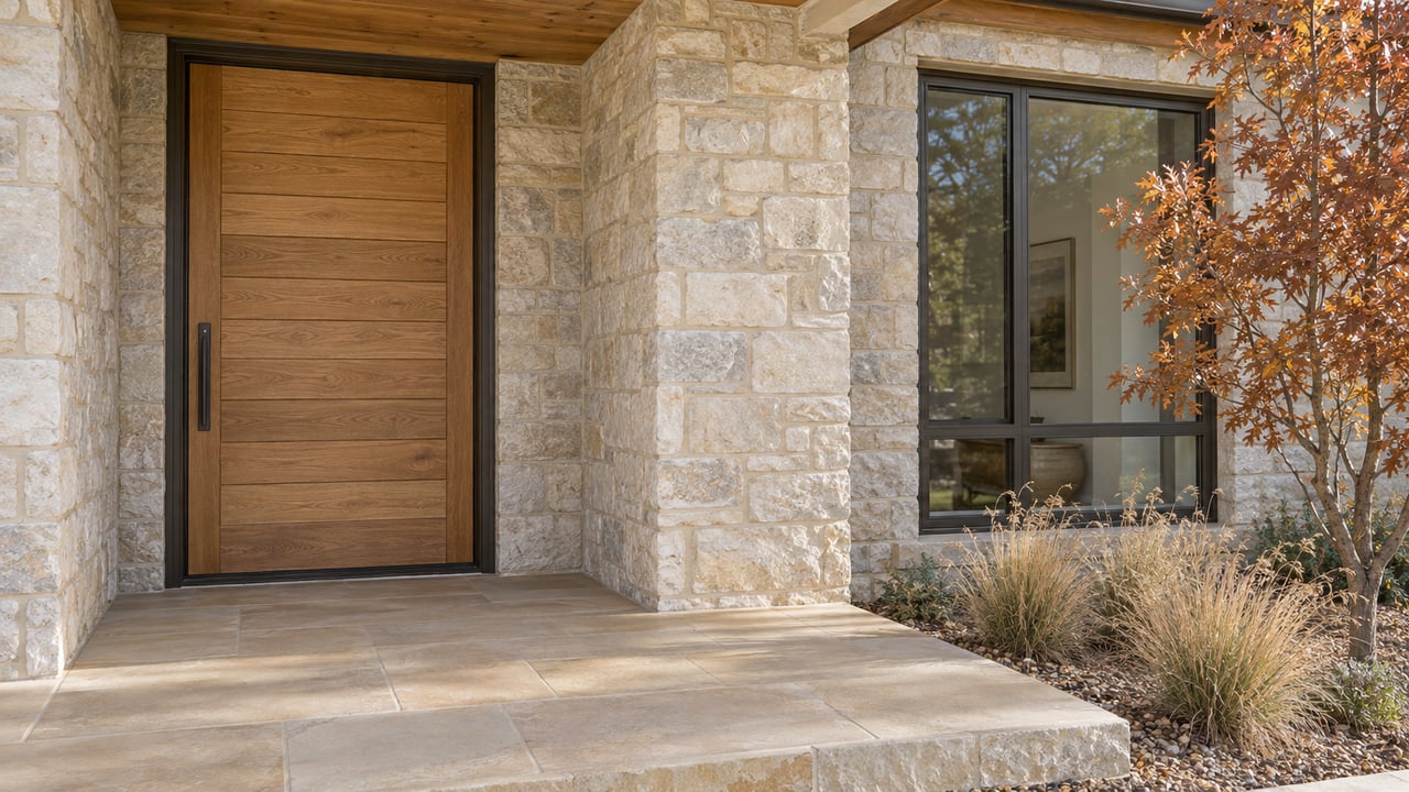 Warm wood entry door and bronze-framed window beside pale stone masonry, with copper oak leaves and dry ornamental grasses at the edge of a sandstone landing.