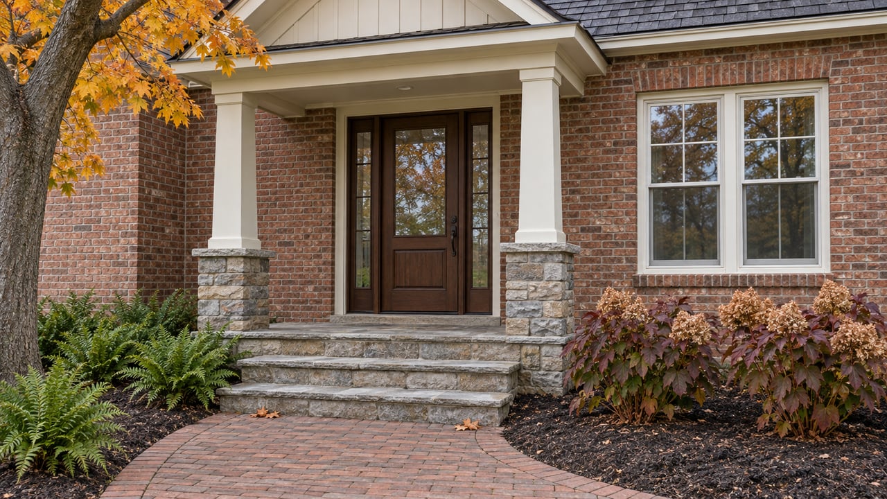 Brick home's covered entry with walnut door, gray stone steps, amber maple leaves and oakleaf hydrangeas.