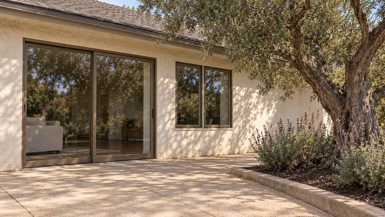 A stucco home's sunlit terrace with bronze-framed glass doors, a mature olive tree and sage in a bordered planting bed.