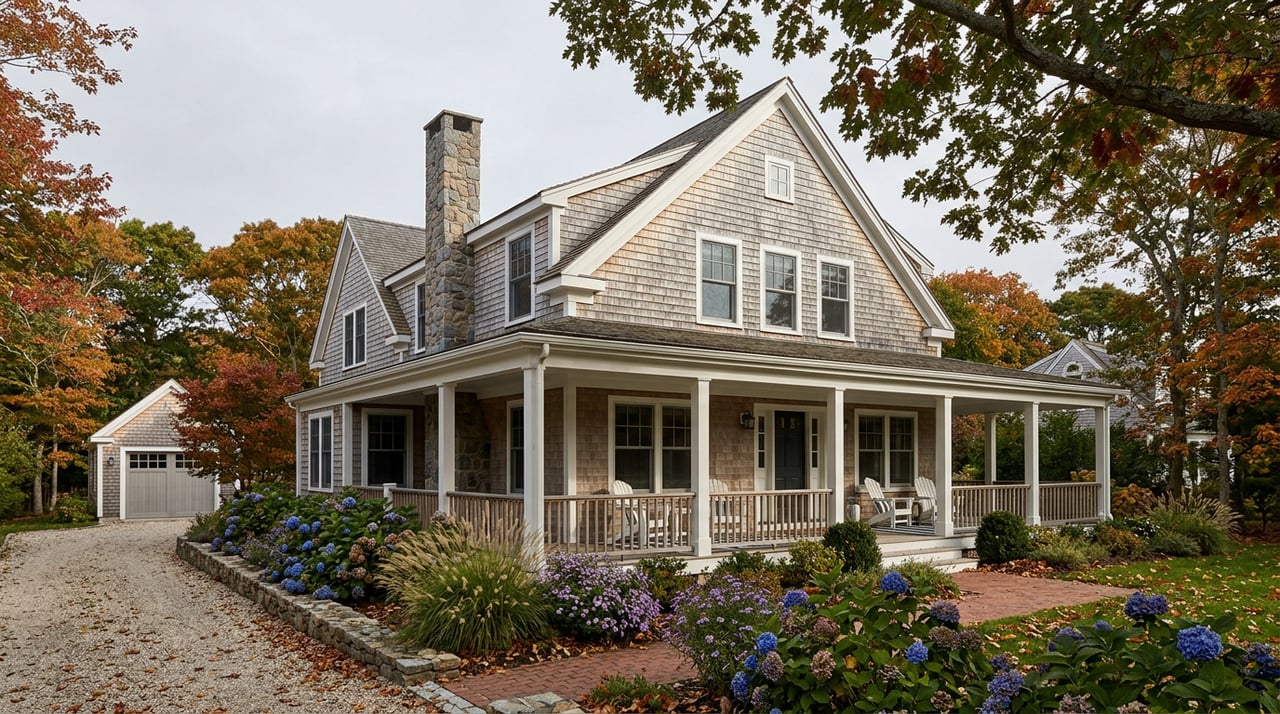 Gray shingle-style coastal home with white-trimmed dormers, a covered porch, and a bluestone path across the lawn.