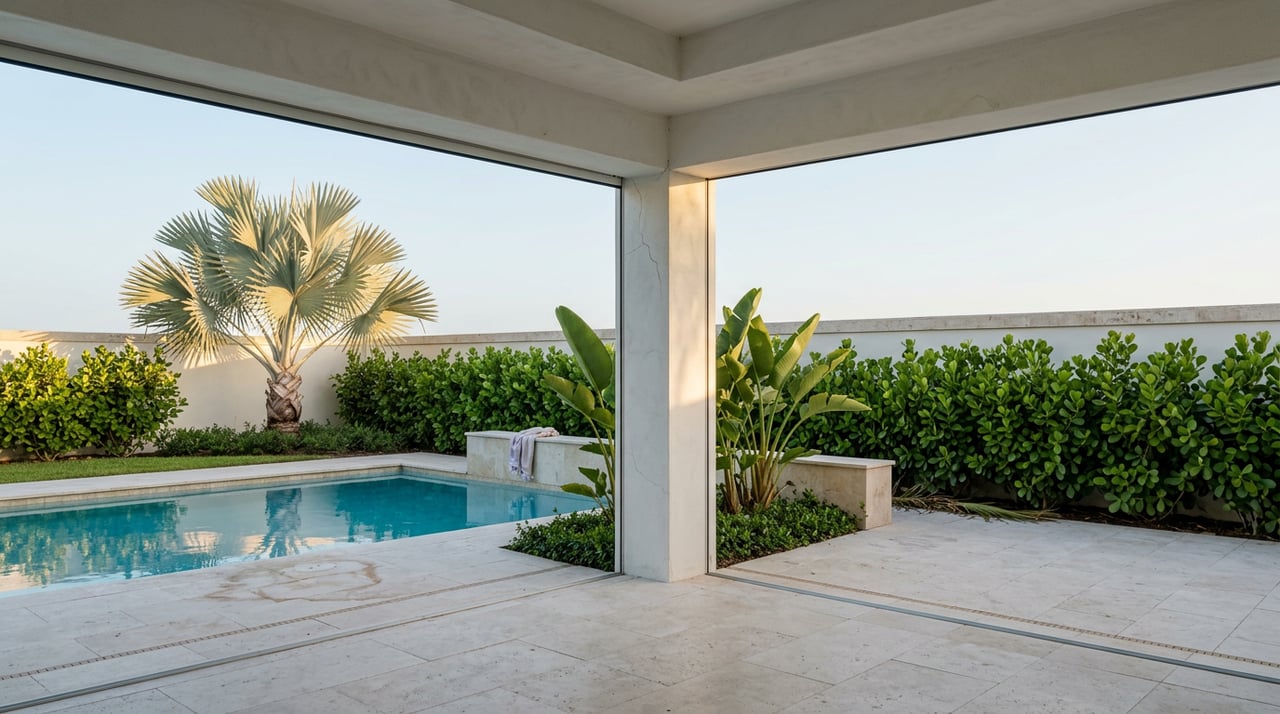 Turquoise pool beyond a travertine terrace, framed by a stucco loggia, with palms and tropical plants along the garden wall.