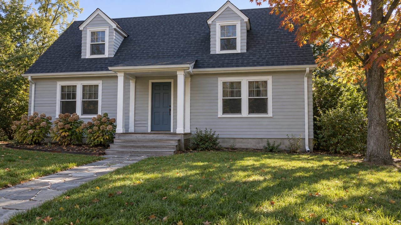 Gray clapboard house with two dormers, a small front porch, bluestone walk, and autumn maple beside a deep lawn.