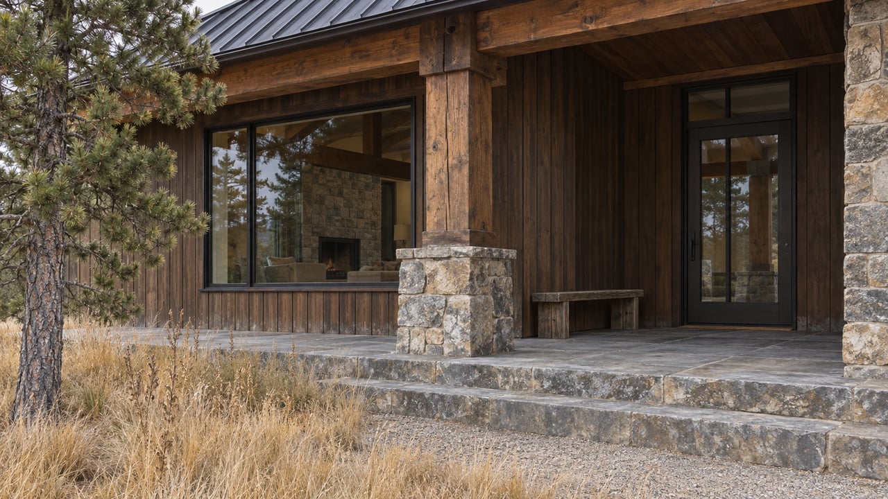 Covered entry of a timber and stone home with closed bronze-framed glazing, worn stone steps, and dormant fescue.