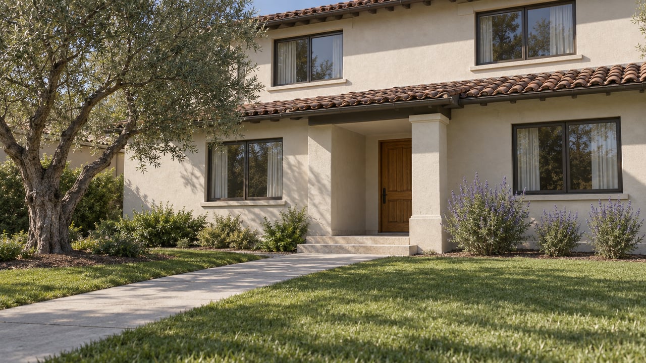 Sunlit ivory stucco home with a clay tile roof, recessed oak entry, olive tree and a deep front lawn beside a concrete approach.