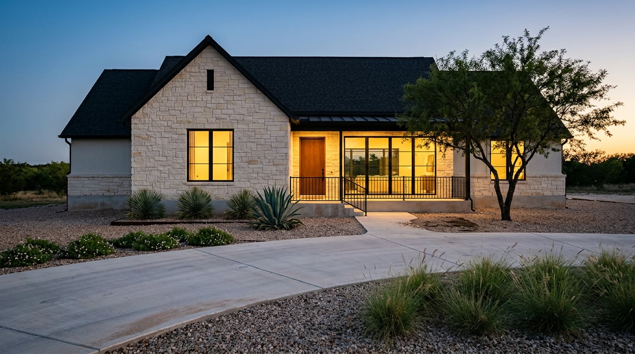 Limestone home with glowing black-framed windows, curved driveway, and desert landscaping beneath a blue-hour sky.