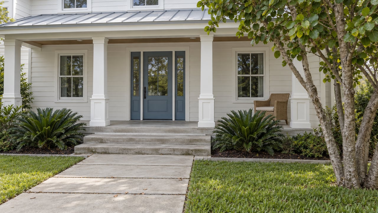 White clapboard-style home with a blue glazed front door, concrete porch steps and a pale paved approach bordered by lawn and curated planting.