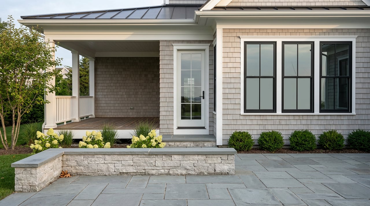 Gray cedar-shingled house with a raised deck, black casement windows, bluestone patio, and flowering hydrangeas.