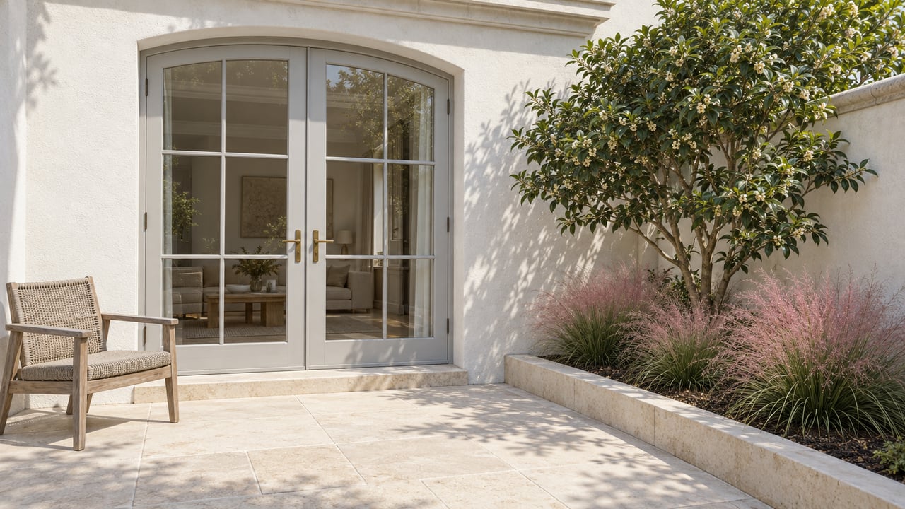 Sunlit limestone terrace outside an arched pair of French doors, with a weathered teak chair and pink flowering grasses in a raised stone bed.