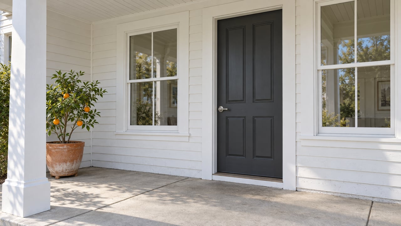 Sunlit covered porch with white lap siding, a charcoal front door, paired windows and a potted mandarin tree.