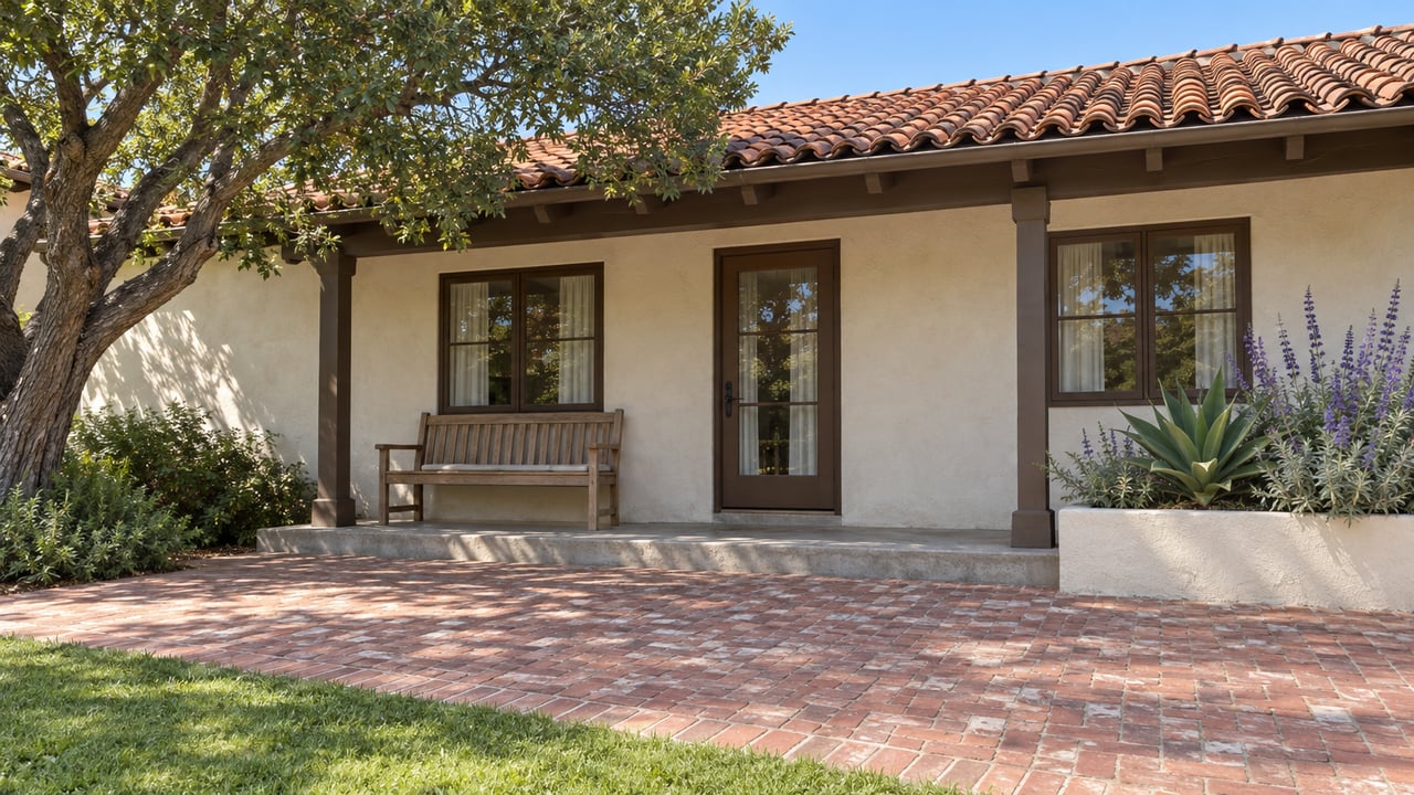 A cream stucco home with clay roof tiles opens onto a brick patio beside an oak tree and a small lawn.
