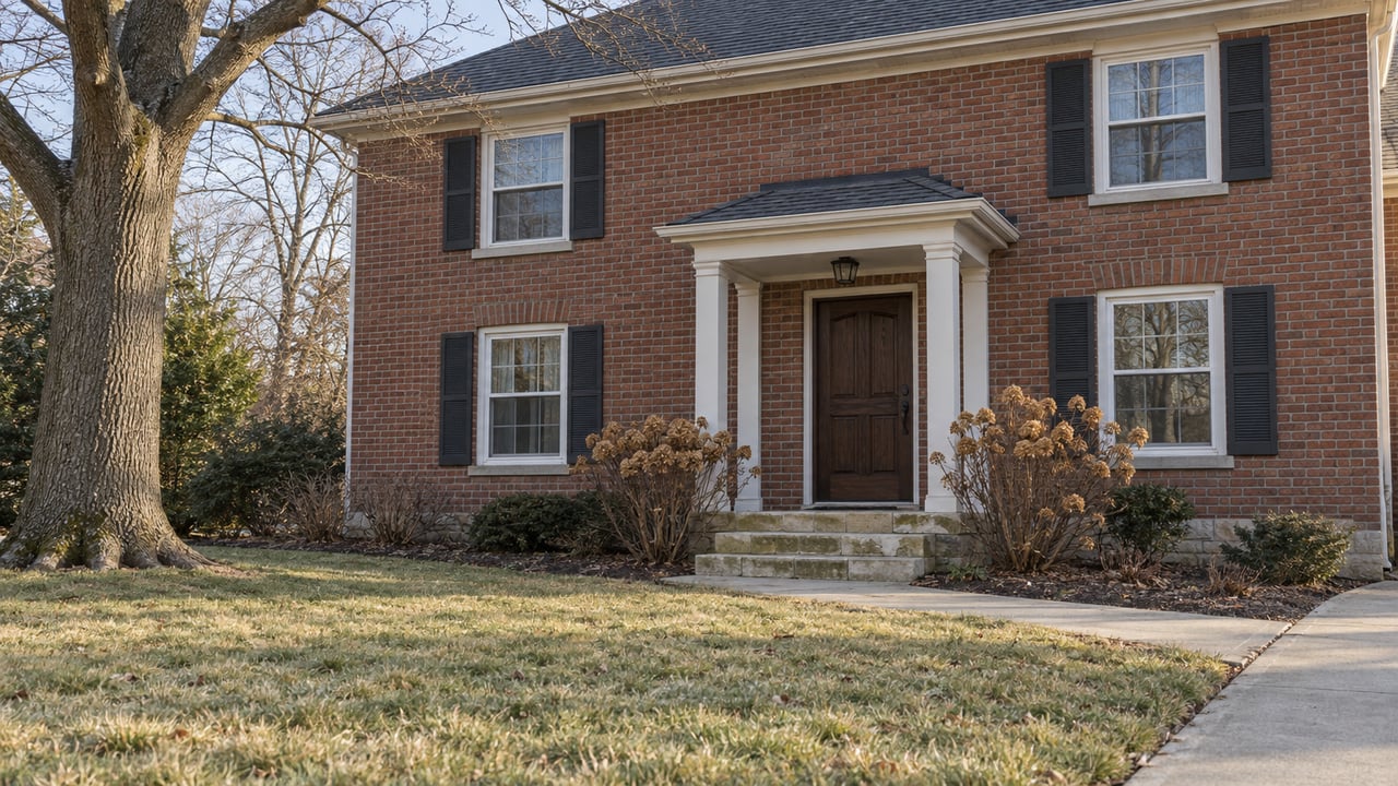 Early-winter brick home with white window trim, an oak front door, limestone steps, and a broad dormant lawn beneath bare oak branches.