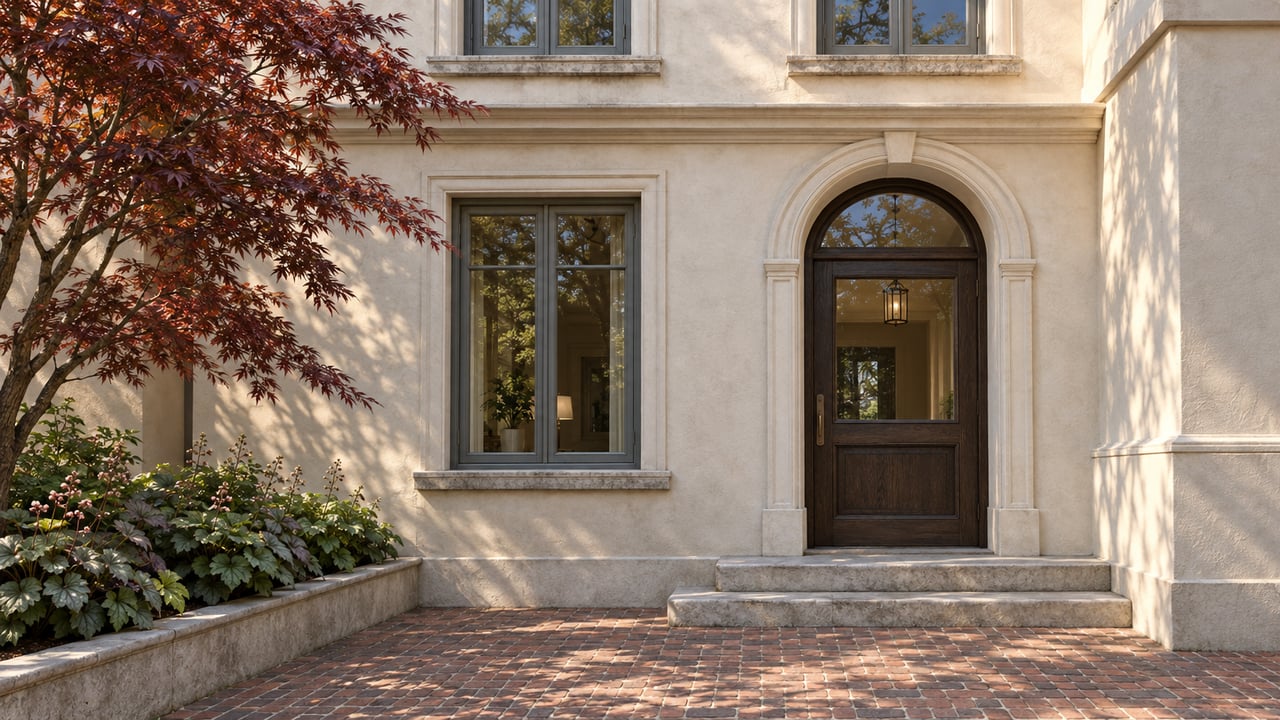 Morning light across an ivory stucco residence with an arched oak entrance, paired upper windows and a brick entry court.
