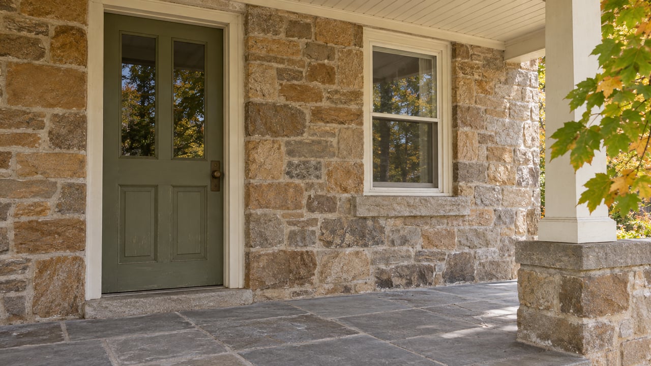 Stone house entrance with a green door, window, and covered porch.