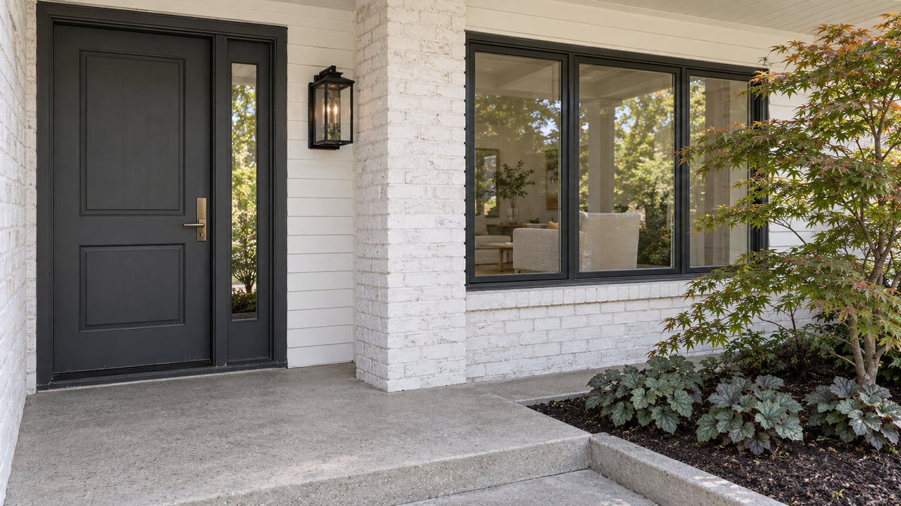White-sided home with a charcoal front door, white brick porch pier, dark-framed living-room window, and a Japanese maple beside a concrete landing.