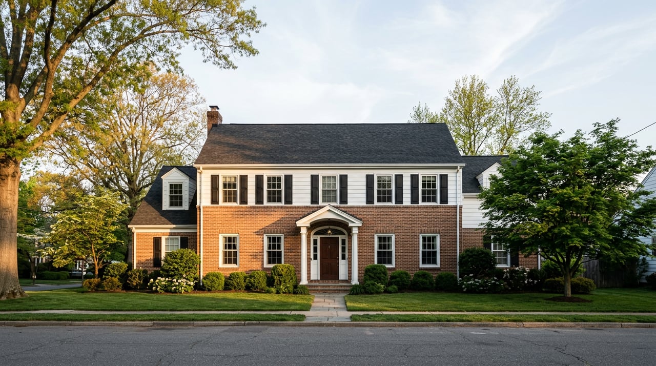 Two-story colonial home with a brick lower facade, painted upper siding, and a broad lawn beneath mature trees.