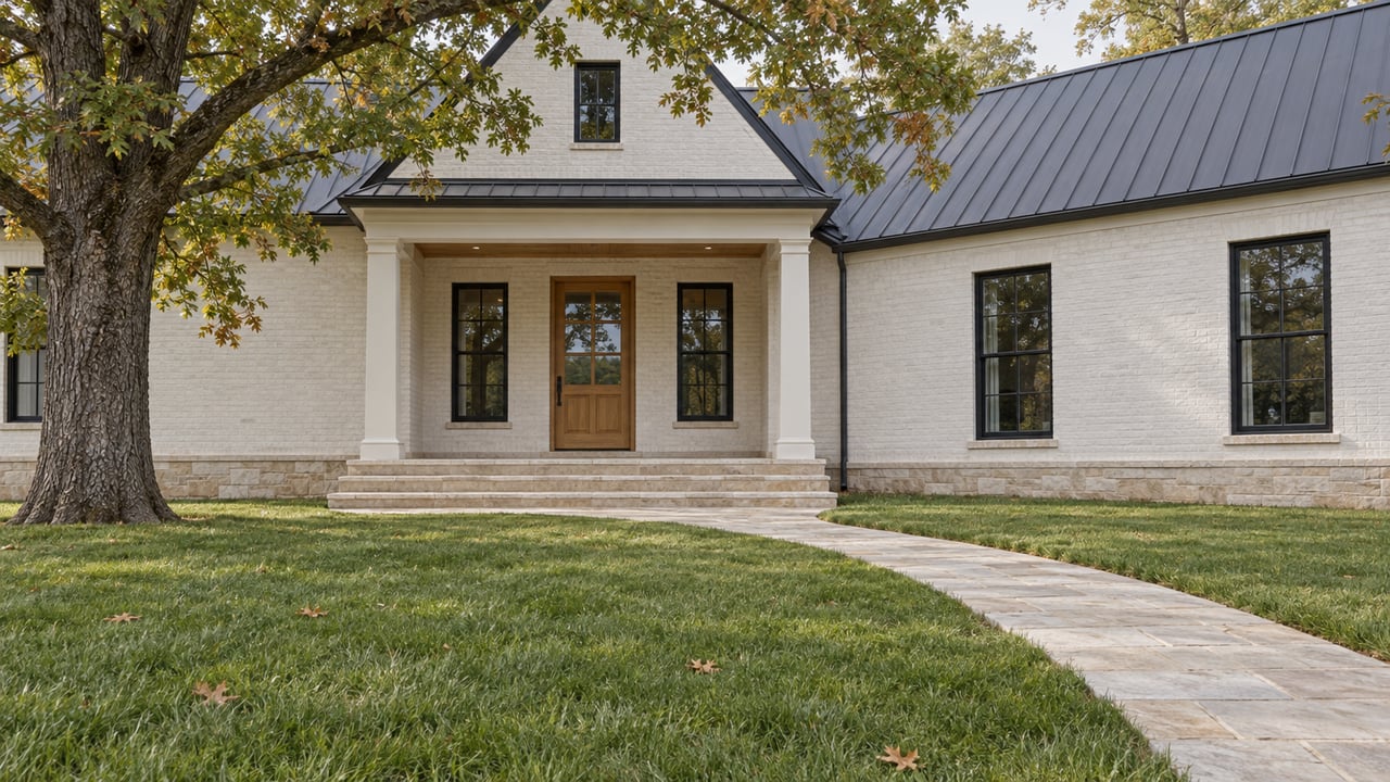White painted-brick farmhouse entry with oak door, limestone steps and a broad autumn lawn beneath a mature white oak.