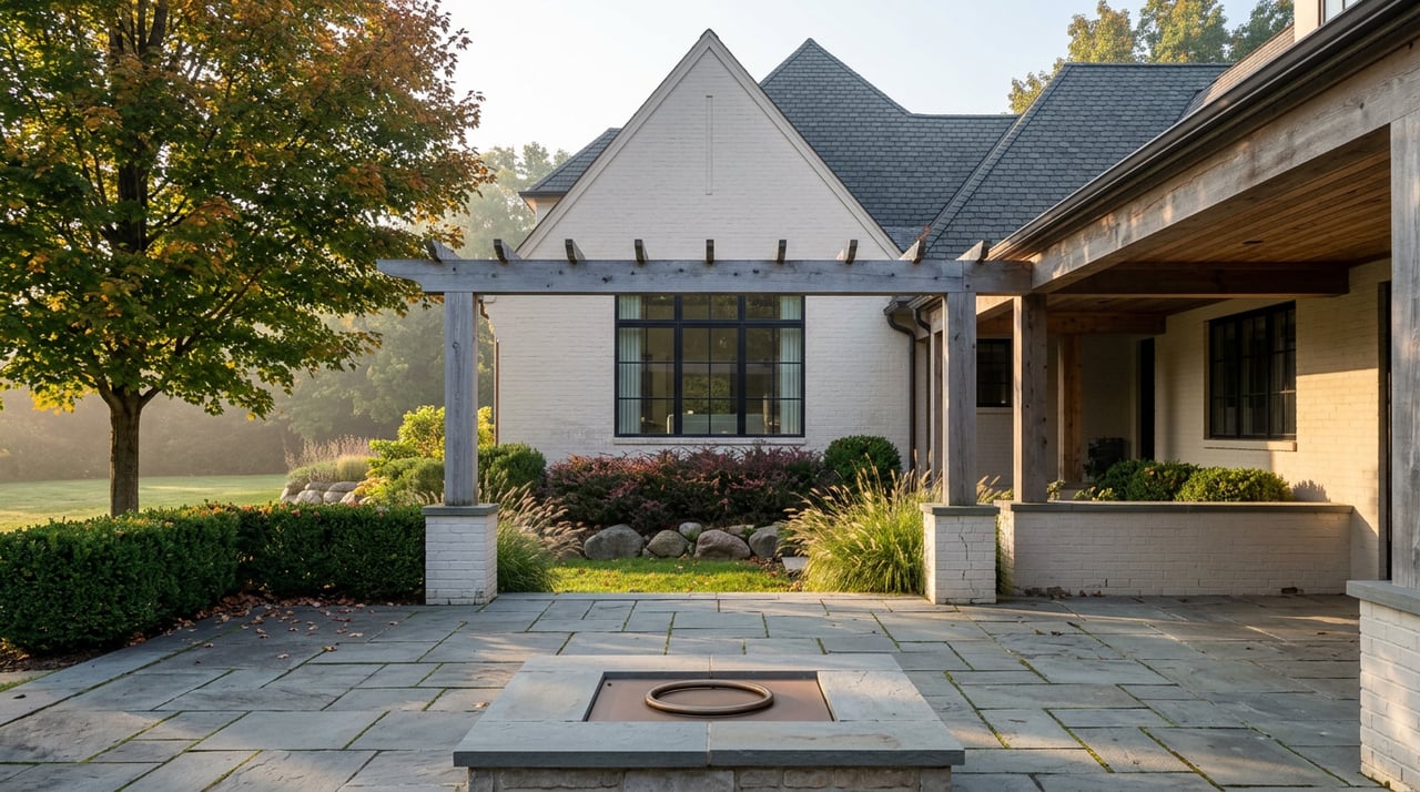 Bluestone terrace with a stone fire table beneath a timber pergola, facing a brick gable and autumn maple canopy.