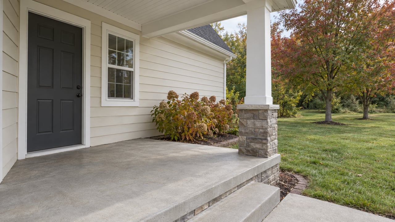 Cream-sided home's covered front porch with a charcoal door, concrete steps, and an autumn lawn beyond.