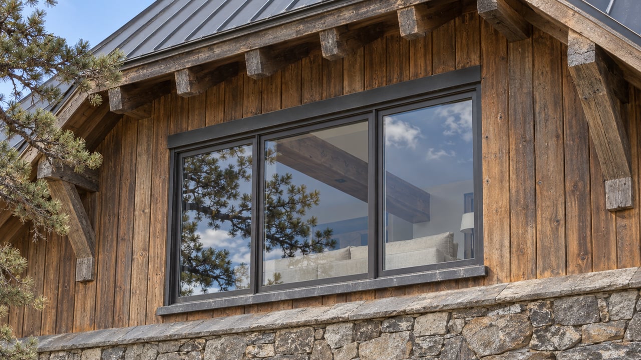 Close view of a timber home's steep metal roof, exposed eave brackets, dark-framed window and rough stone base beside a pine branch.