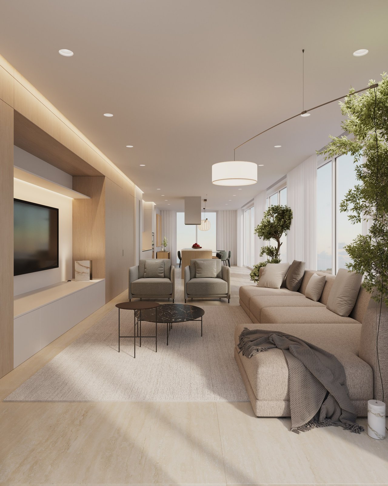 Rendering of gold residence living and dining room at Milano Boutique in South of Fifth, Miami Beach.
