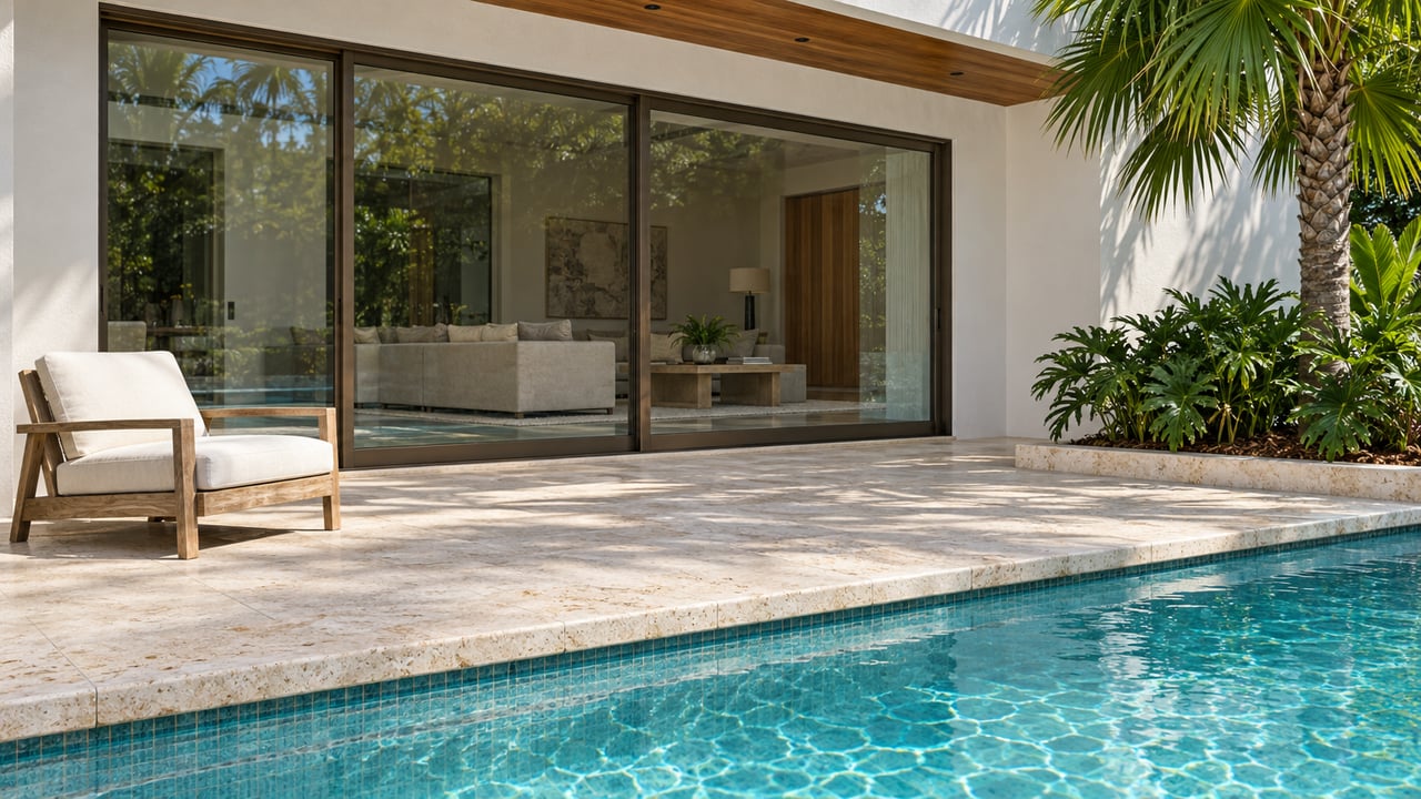 Sunlit limestone pool terrace beside white stucco and bronze-framed glass doors, with a teak lounge chair and a fan palm.