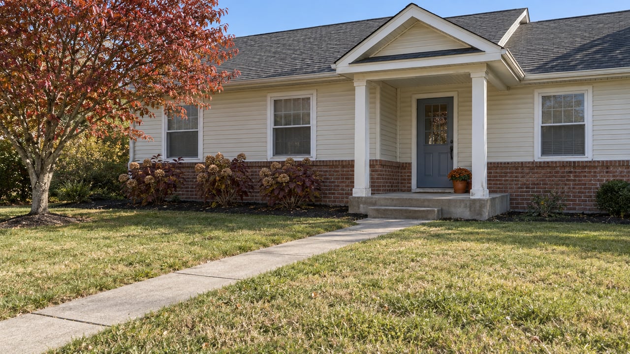 Single-story cream-sided home with a brick foundation, covered porch and a broad autumn lawn.