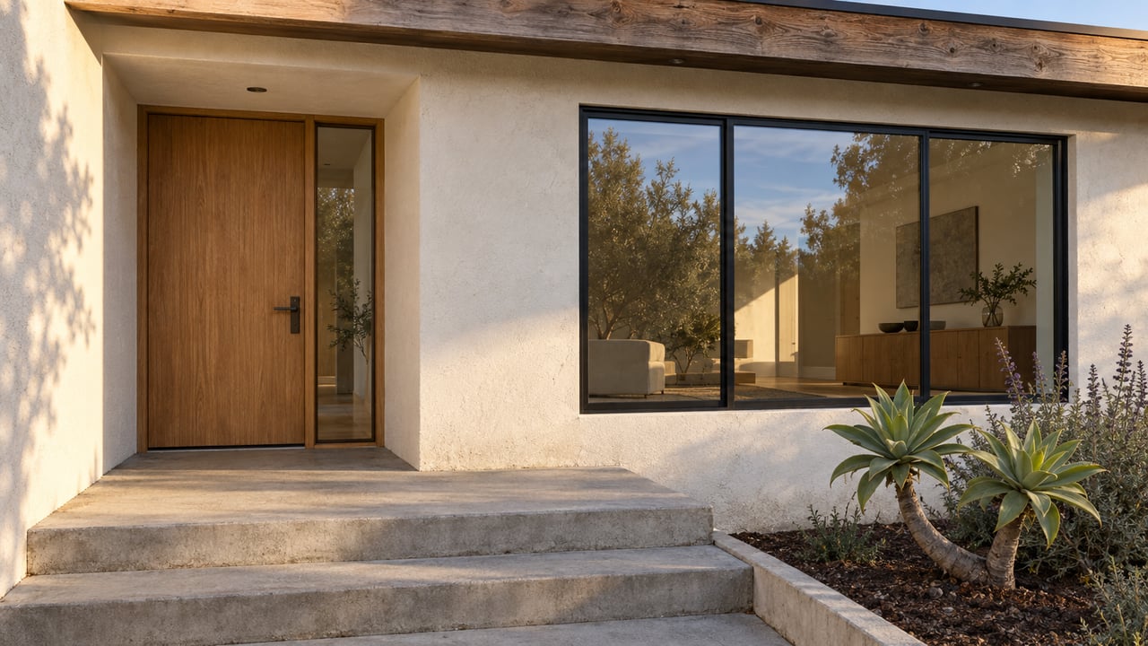 White plaster house entry with an oak door, black-framed window, concrete steps and sculptural aloe planting.