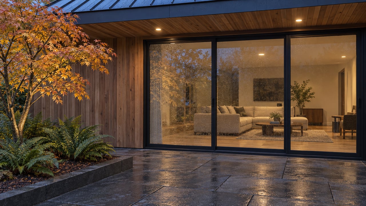 Blue-hour cedar terrace with basalt paving, closed glass doors glowing warmly, a vine maple and sword ferns.